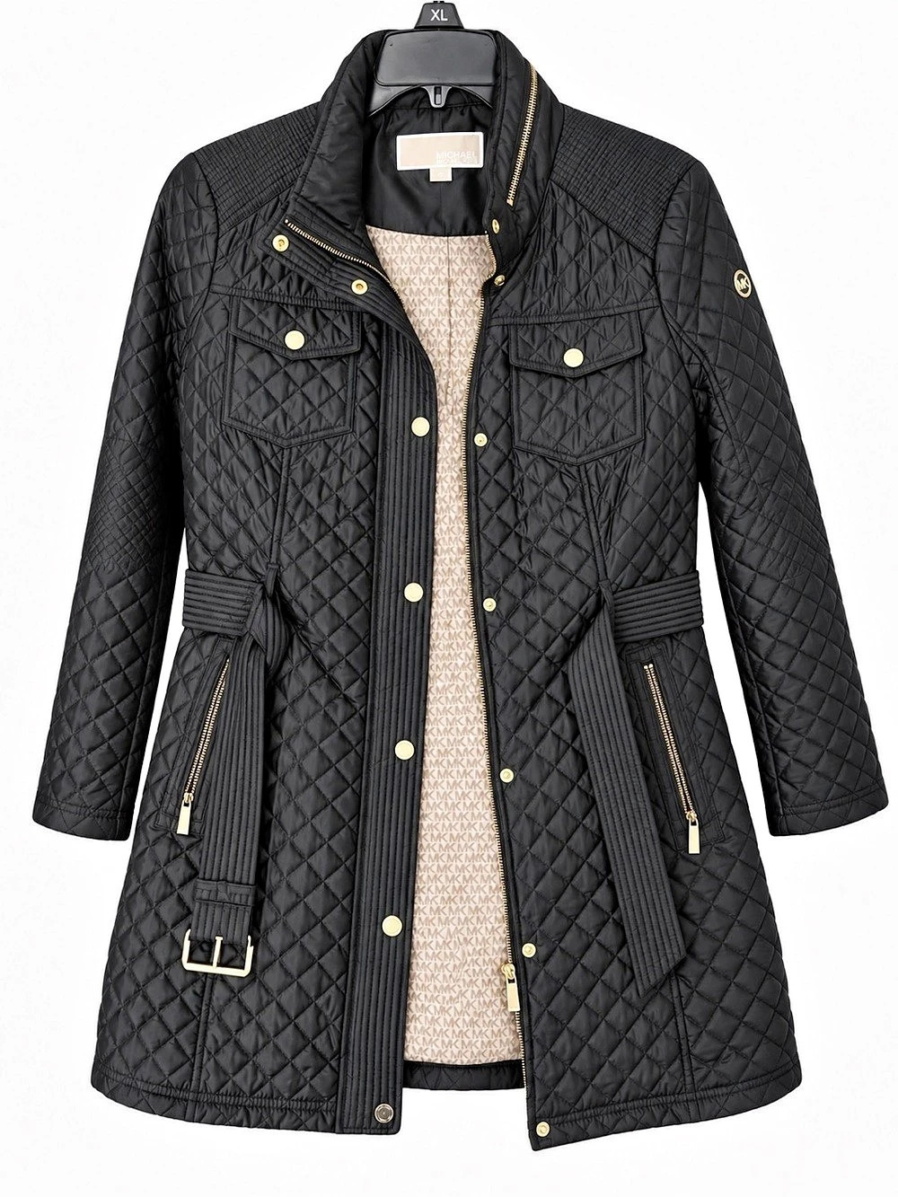 Michael Kors Black Quilted Belted Jacket with Gold Hardware Size Large